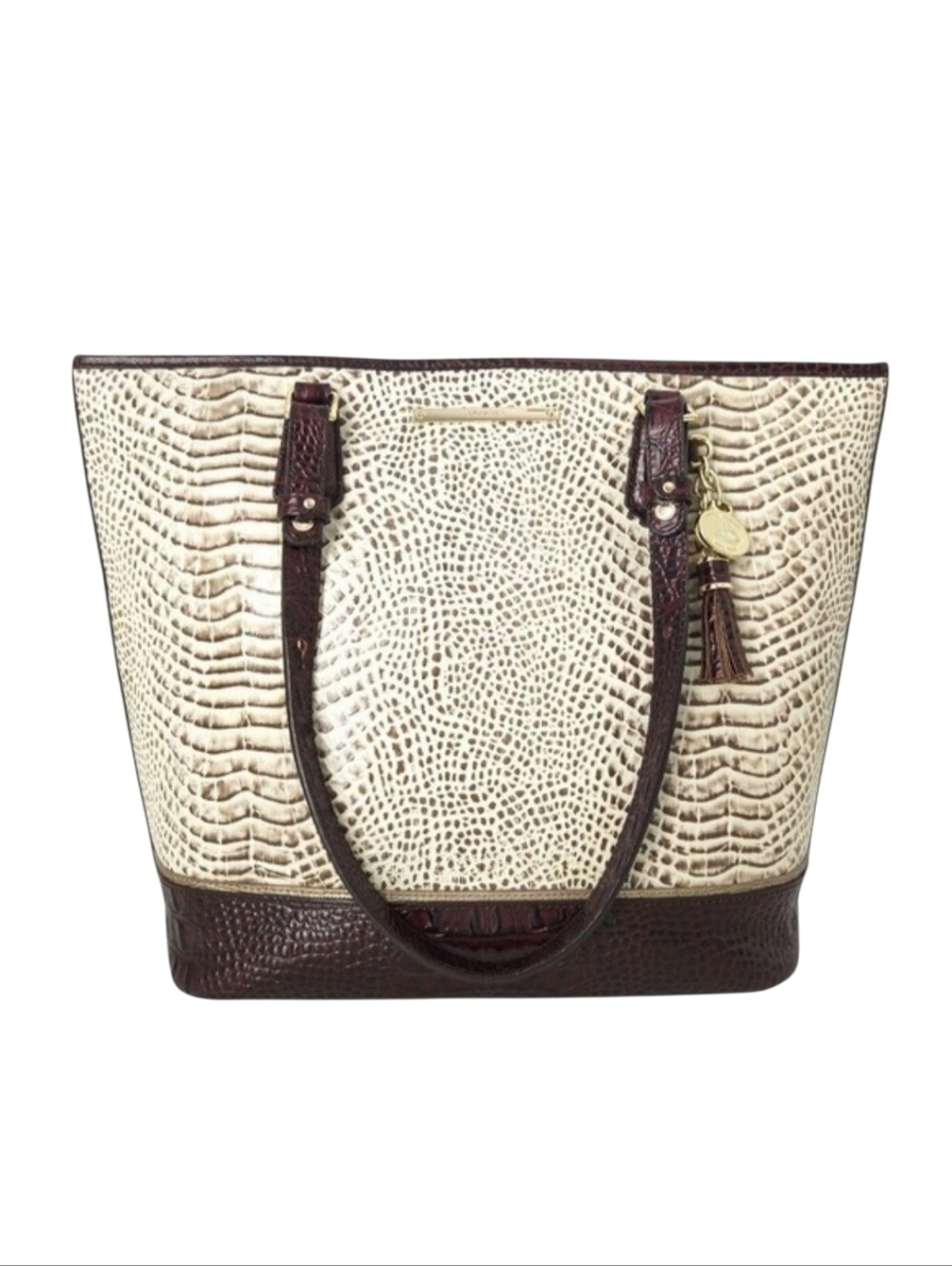 Brahmin Ivory & Brown Snakeskin Creme Rhodes Medium Asher Tote Shoulder Handbag‎